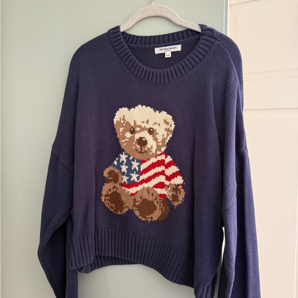 Grayson Threads Blue Sweater with Patriotic Bear